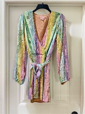 Show Me Your MuMu Pastel Rainbow Sequin Wrap Mini Dress
